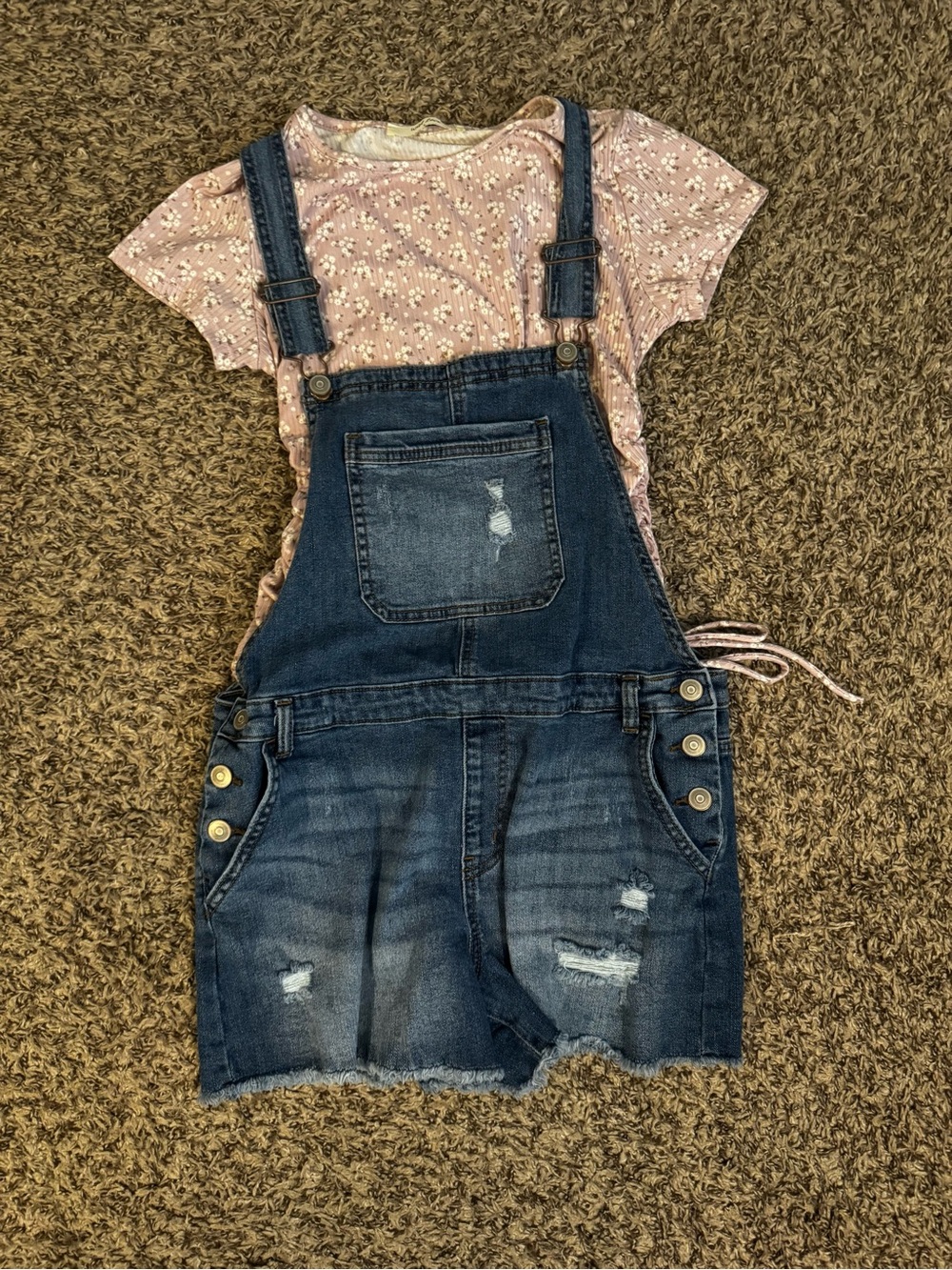 Denim Overall Shorts in Dark Blue with Pink Floral Tee